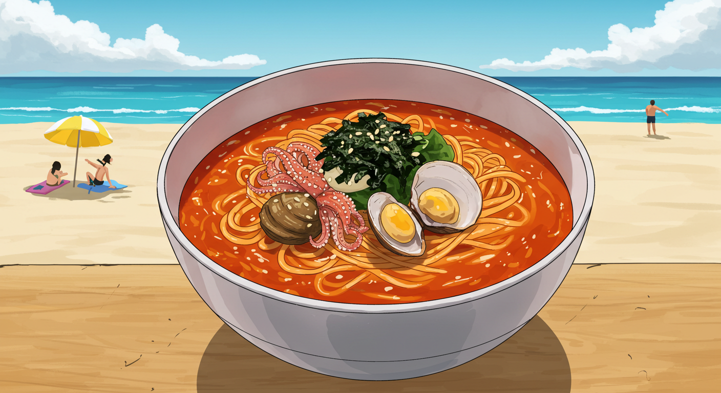 광안리에서 즐기는 매콤한 비빔밀면