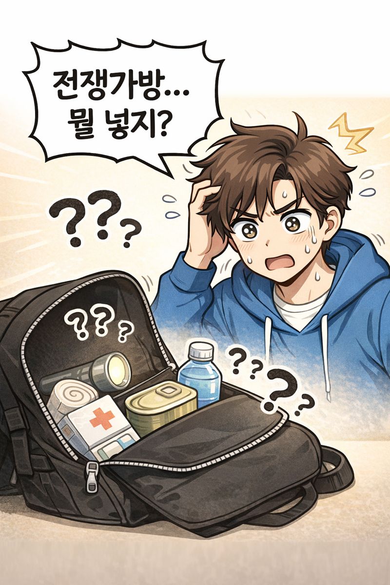 전쟁가방 준비를 고민하는 사람 캐릭터 일러스트