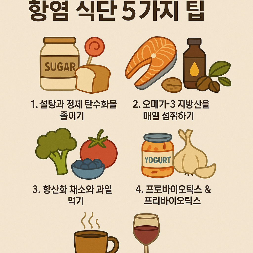 항염식단을 요약적으로 소개하는 일러스트입니다.