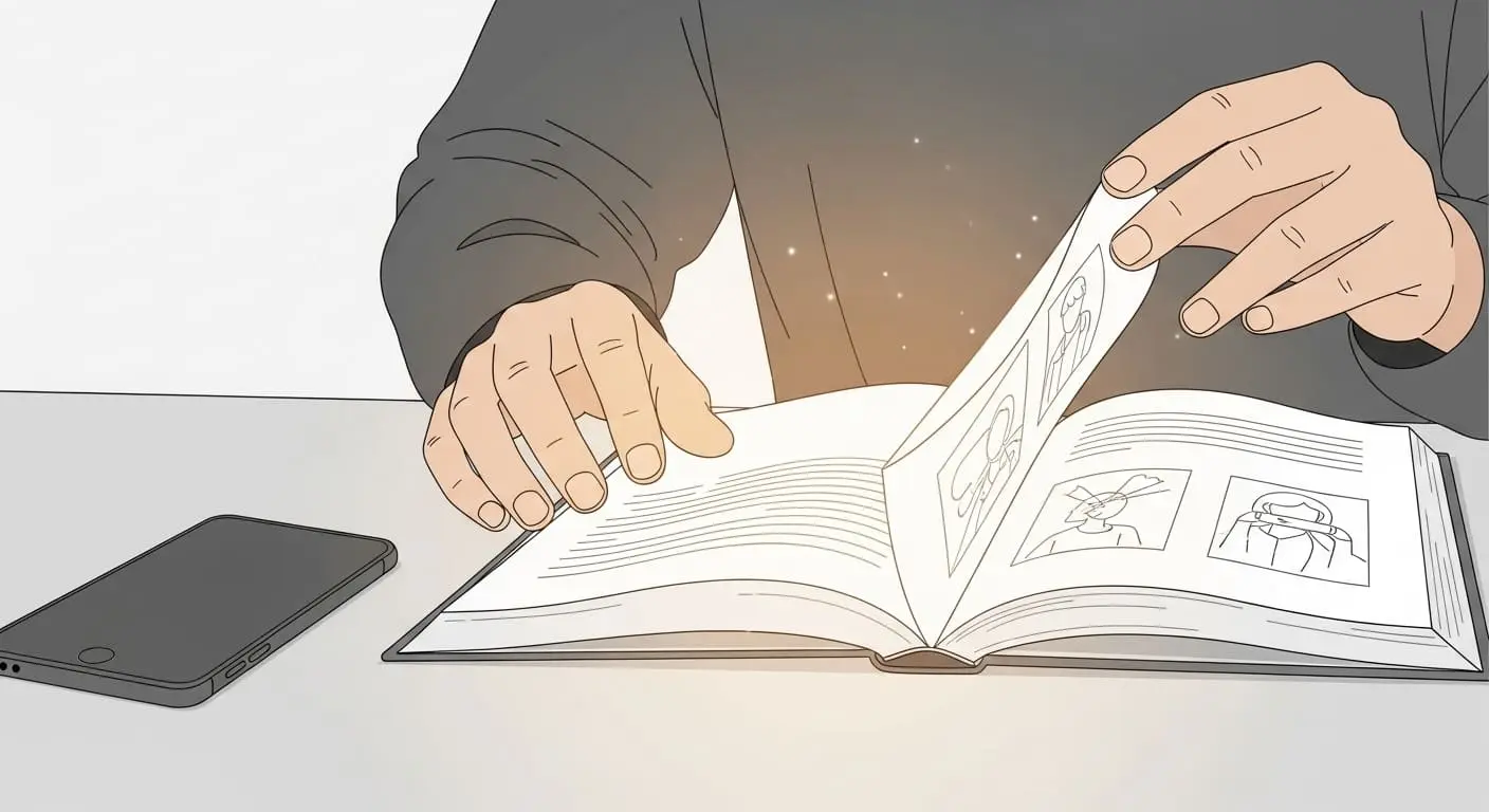 스마트폰을 멀리하고 종이책을 읽으며 디지털 디톡스를 실천하는 평화로운 모습.