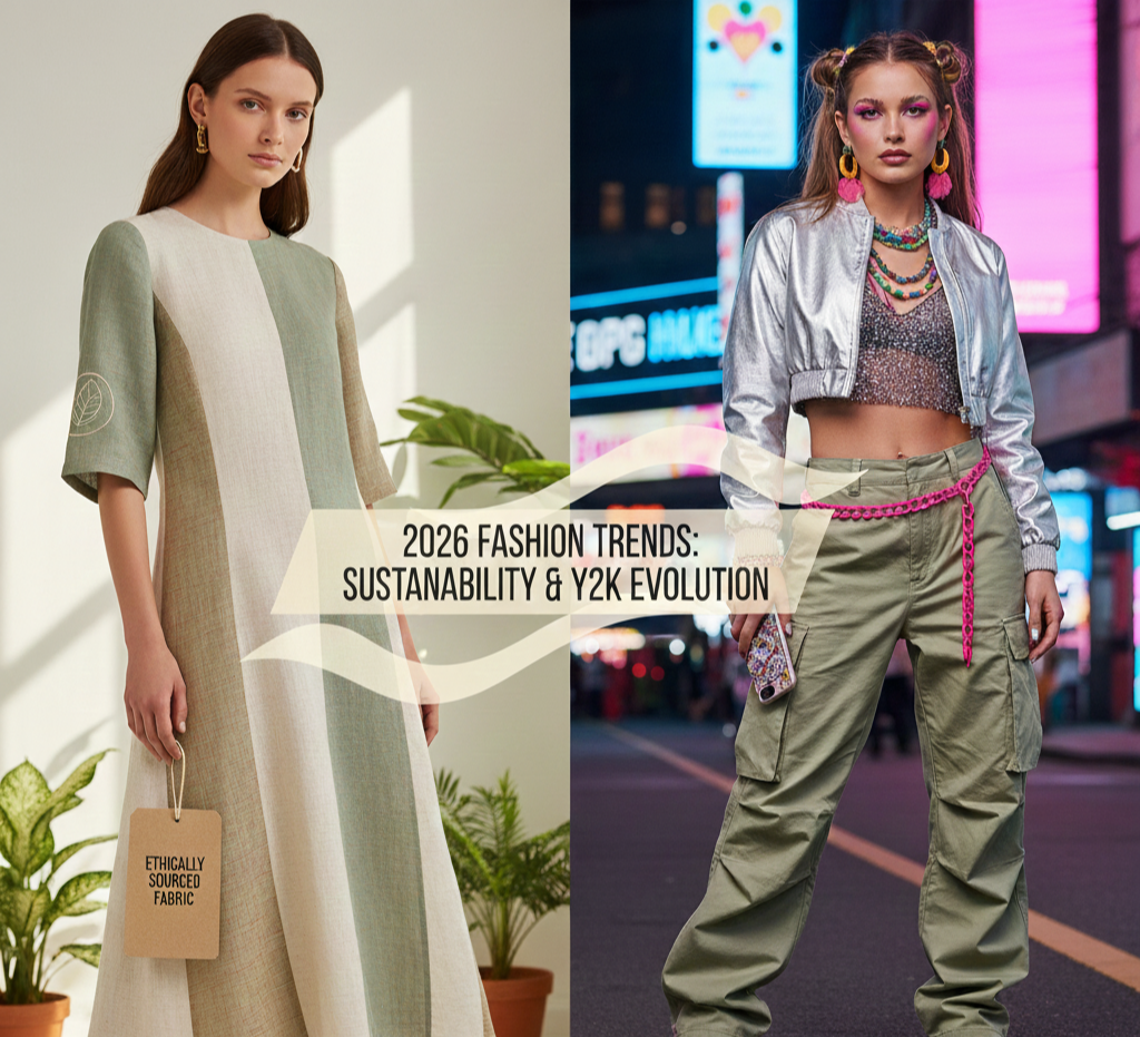 2026년 패션 트렌드. 지속 가능한 소재의 미니멀룩(Quiet Luxury)과 메탈릭 소재의 Y2K룩(Hyper-Y2K)을 병치한 이미지