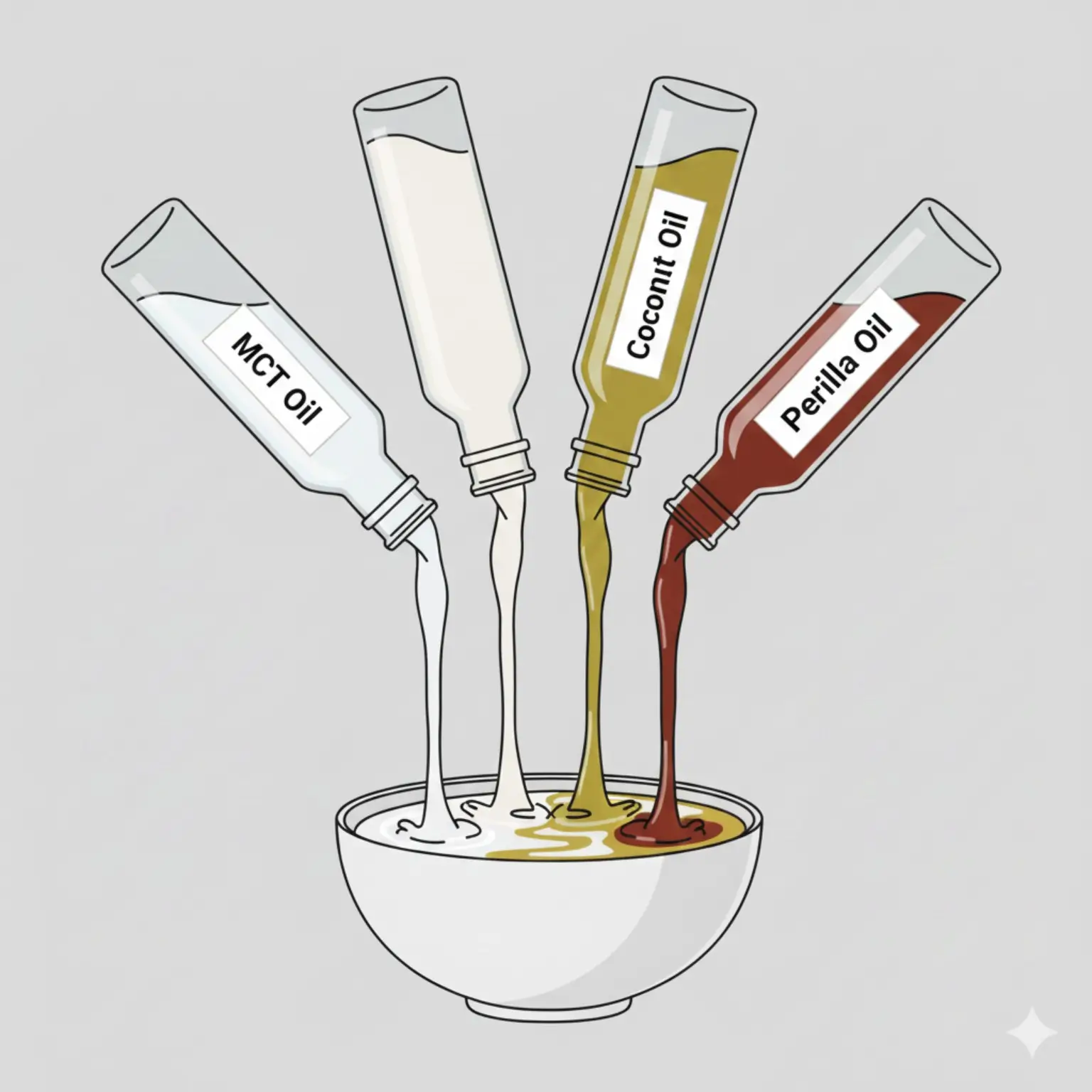 그릇 위로 MCT 오일, 코코넛 오일, 들기름(Perilla oil)이 각각 병에서 흘러내리는 모습 일러스트