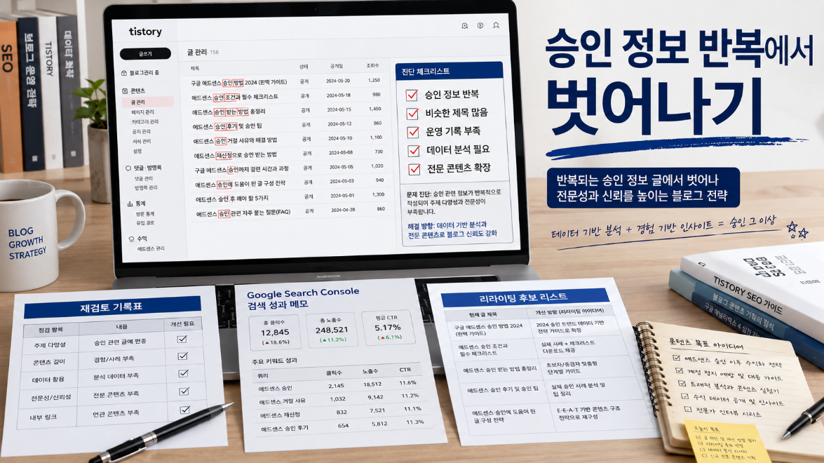티스토리 블로거가 애드센스 승인 정보 반복 문제를 점검하고 운영 기록과 검색 데이터 분석으로 전문 콘텐츠를 확장하는 이미지