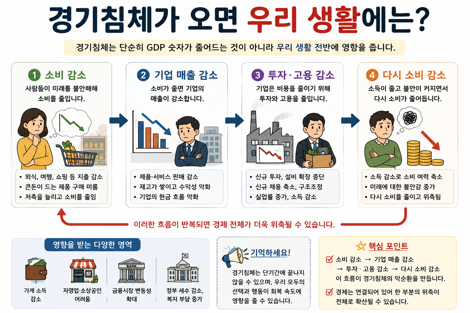 경기침체가 소비&middot;기업 매출&middot;투자와 고용에 영향을 주는 과정