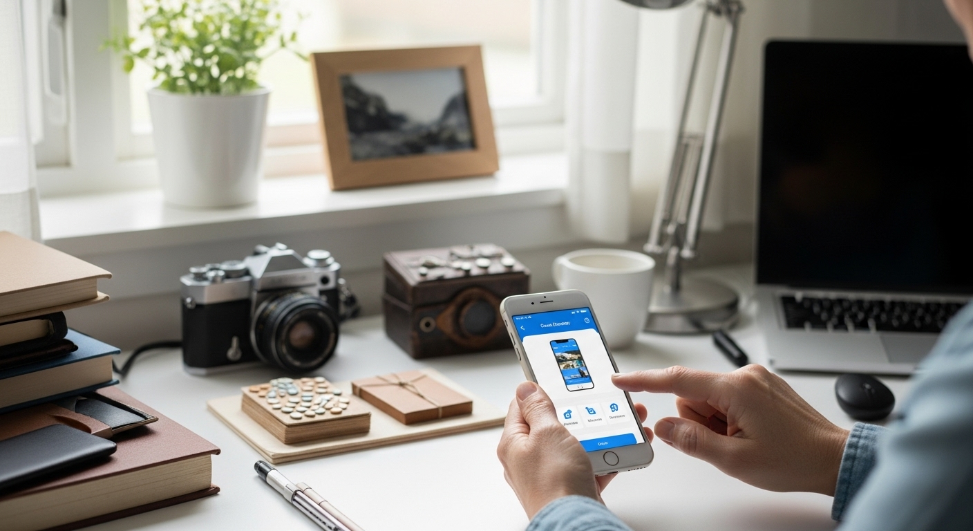 스마트폰으로 공유 경제 앱을 활용하는 중년의 손. 남는 공간이나 물건, 재능을 공유하여 수익을 얻는 모습을 표현합니다.