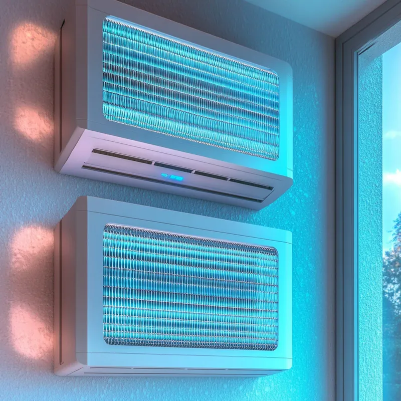 첨단 공기 정화 시스템을 갖춘 무풍 에어컨으로 상쾌하고 깨끗한 공기를 느낄 수 있습니다. 스마트 홈을 위한 필수적인 기능성을 강조합니다.