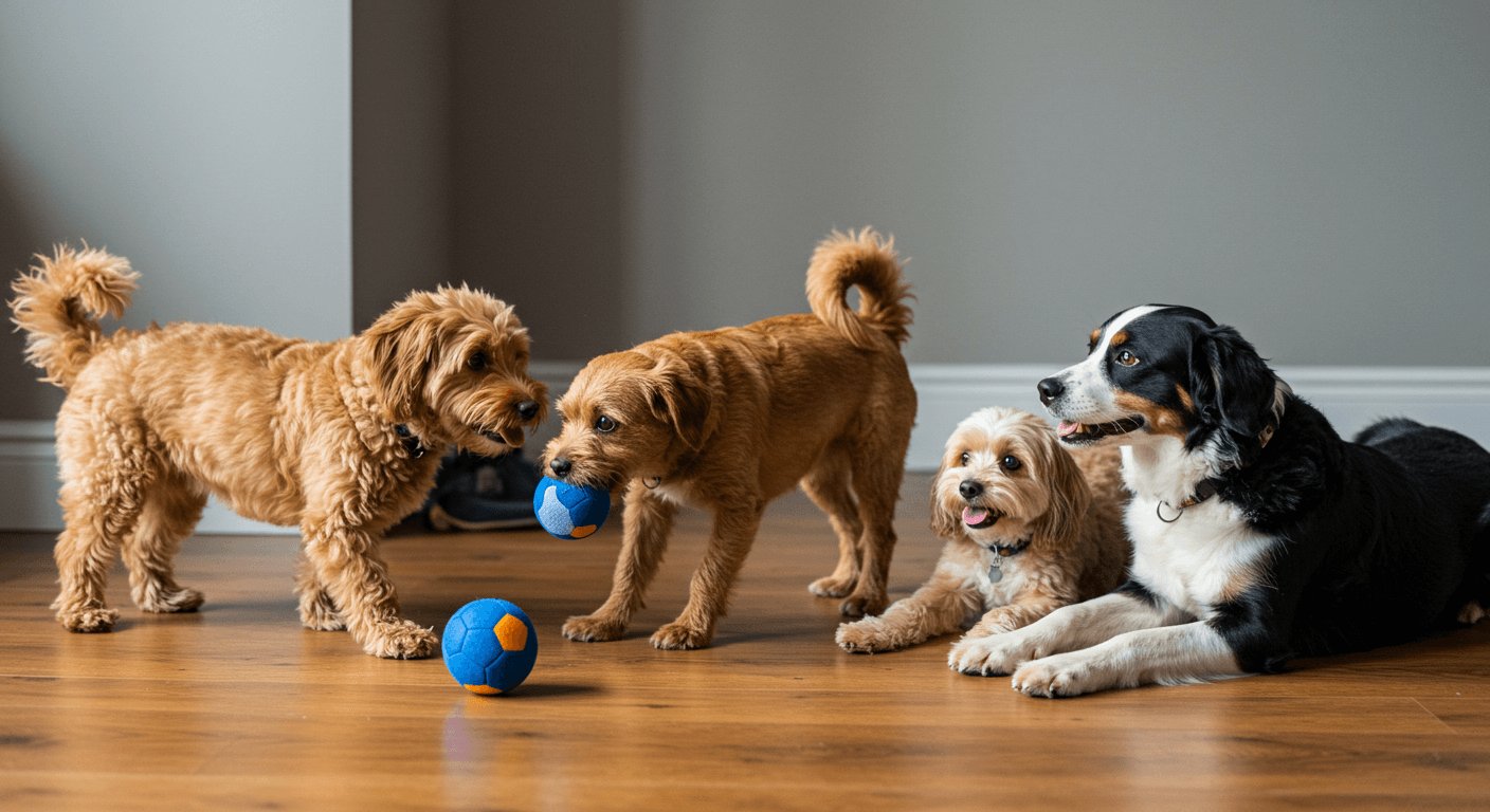 반려견들이 실내에서 함께 놀고 있는 모습