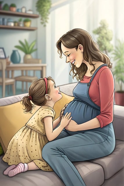 임신한 엄마와 첫째 아이를 그림 ai그림