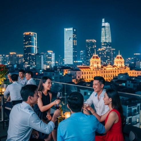 2025년 호치민 고층 빌딩 루프탑 바에서 안전하게 밤문화를 즐기는 세련된 사람들