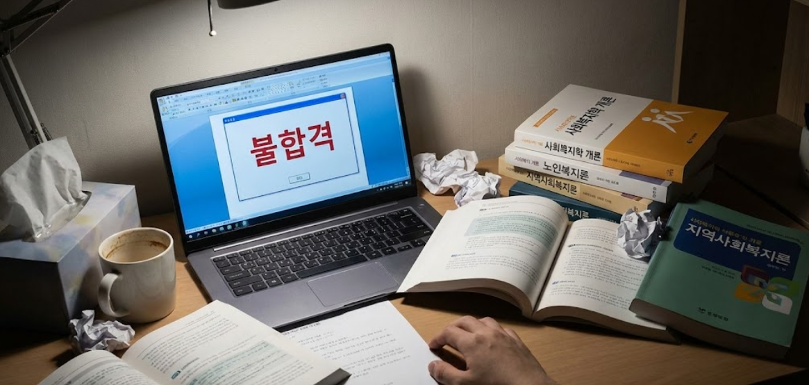 서류 탈락 통보를 보고 상심한 모습과 그 옆에 쌓인 전공 서적들