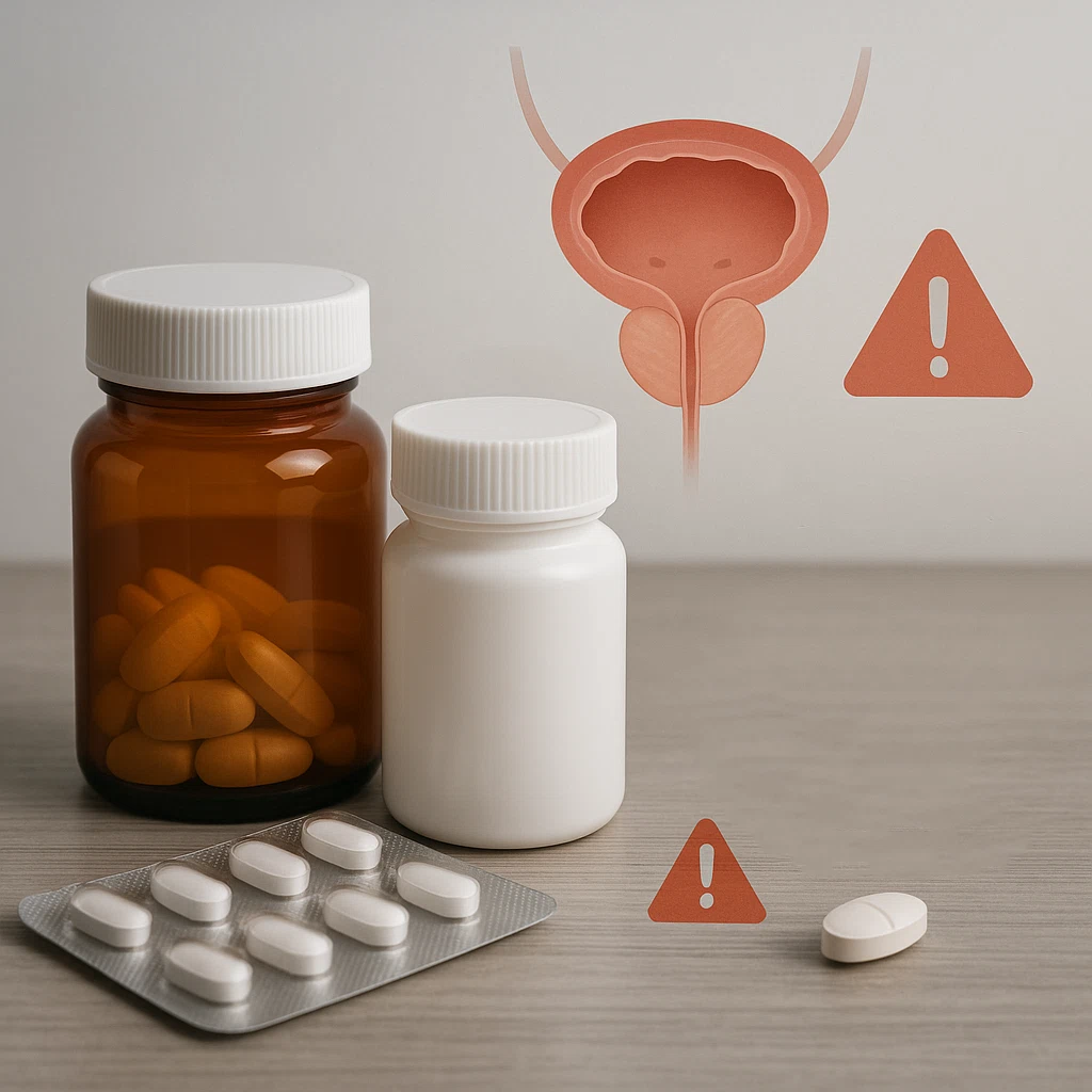 전립선 비대증 치료 약(알파 차단제, 5-알파 환원효소 억제제) 약병과 알약이 놓인 책상, 옆에 전립선 크기가 줄어드는 의학 일러스트, 복용 중 부작용 경고