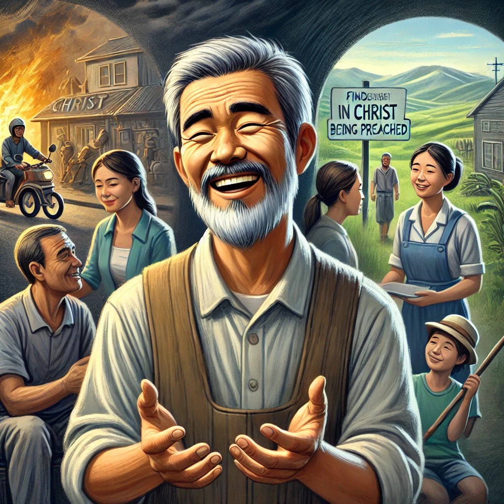 Here is the depiction inspired by the Apostle Paul's declaration, showing a man joyfully sharing the message of Christ. The background reflects both challenges and blessings, but the focus is on the gospel being preached, symbolizing how his happiness is rooted in Christ's message being spread.