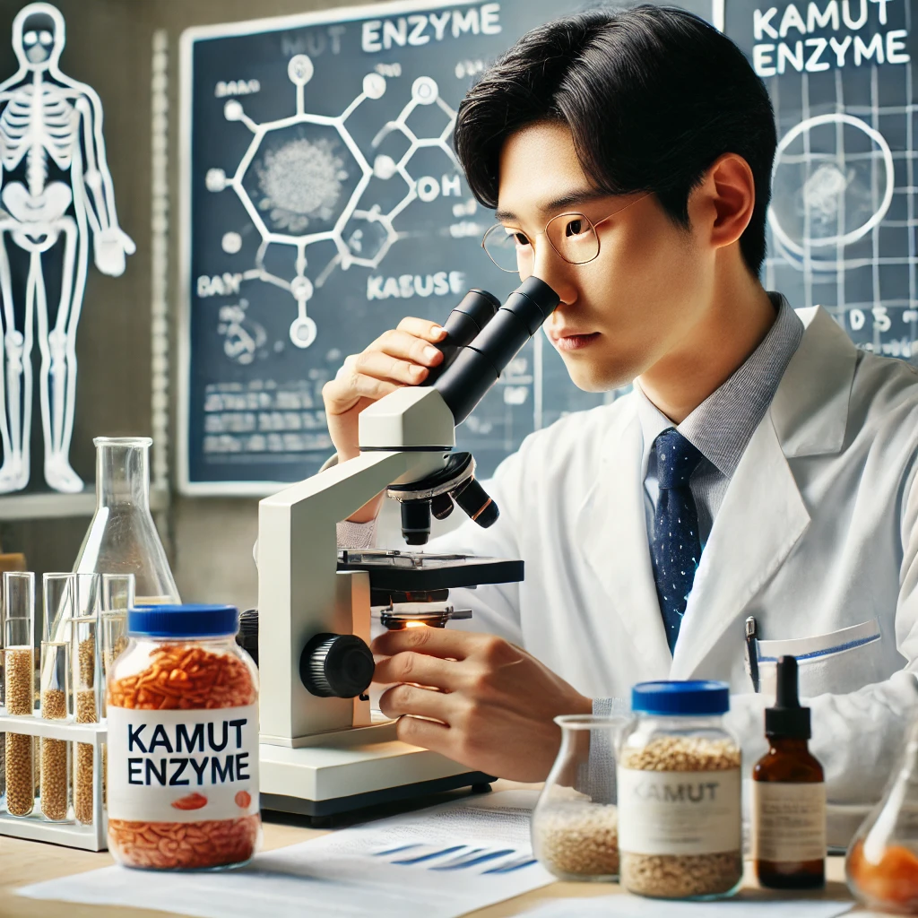 한국인 연구자가 실험실에서 카무트 효소가 소화와 신진대사에 미치는 영향을 연구하는 모습, 현미경과 과학 차트가 배경에 포함된 건강 연구 장면