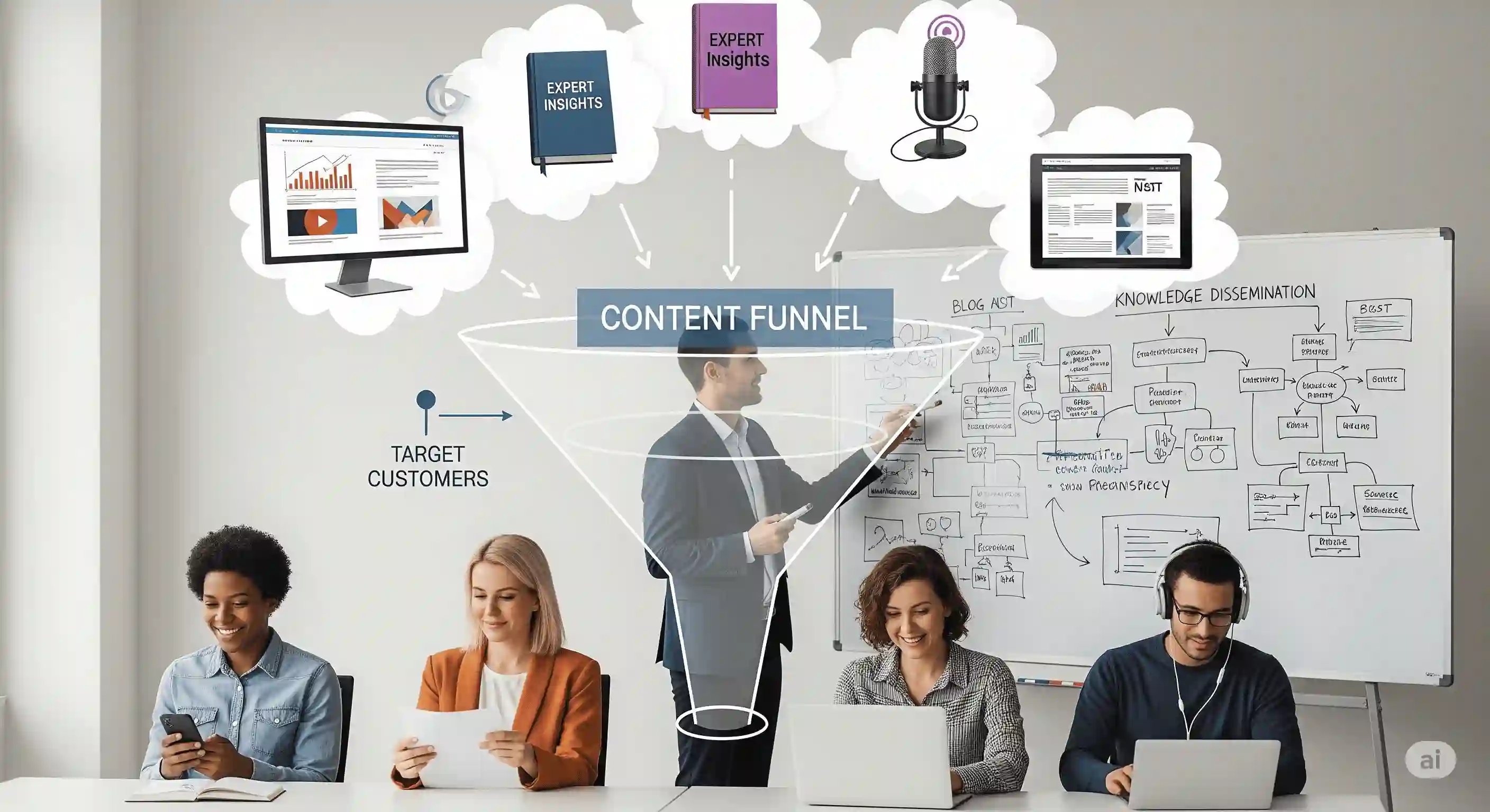 <img src="content_funnel_strategy.webp" alt="콘텐츠 퍼널을 통해 전문가의 지식 콘텐츠를 타겟 고객에게 효율적으로 전달하는 마케팅 전략의 장면">