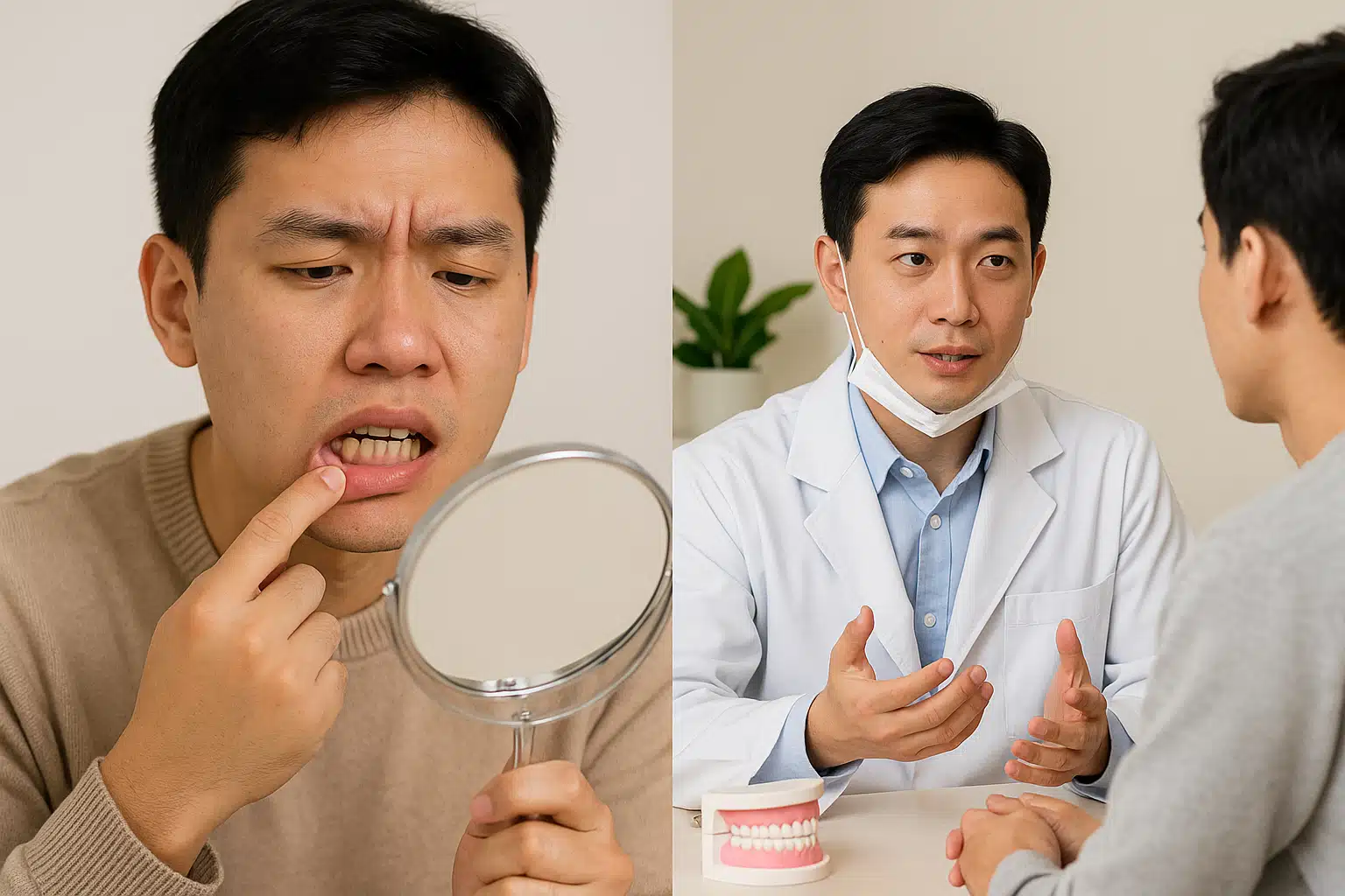 거울로 잇몸을 살펴보는 사람. 치과 의사와 상담하는 환자