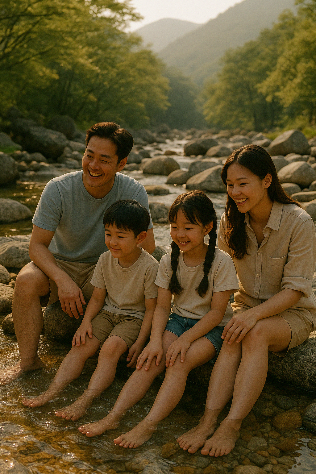 계곡물에 발 담그고 쉬는 가족