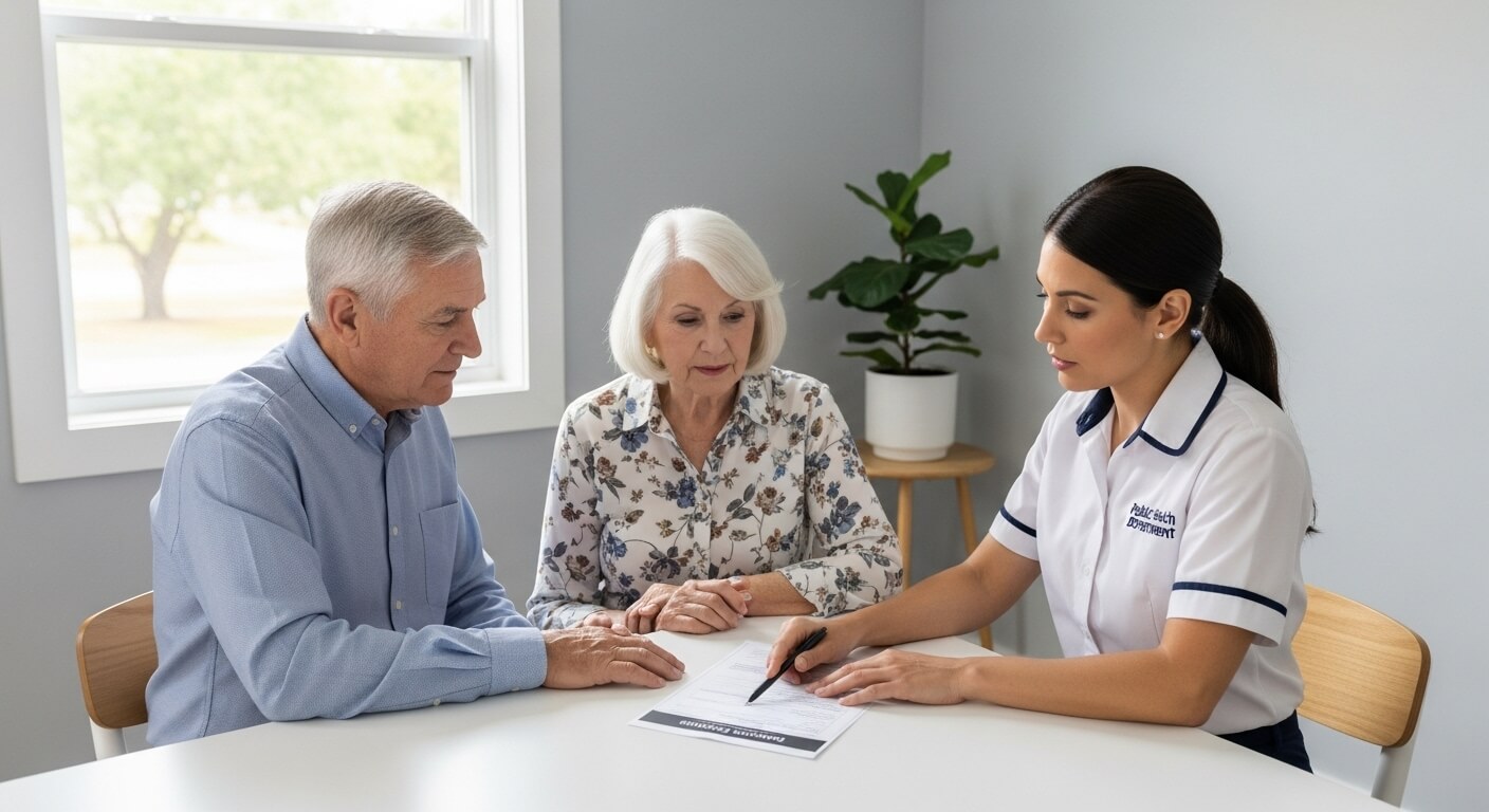 보건증 서류를 설명하는 의료인과 고령 부부