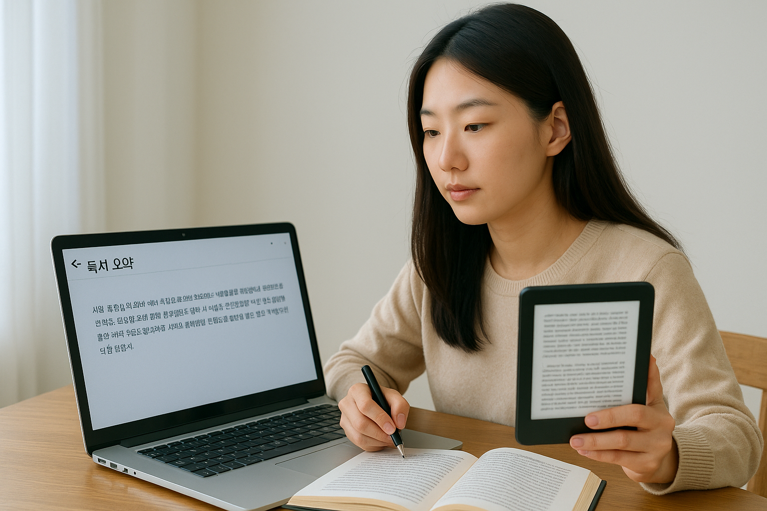 전자책을 읽으며 블로그에 요약 글을 쓰는 사람의 모습