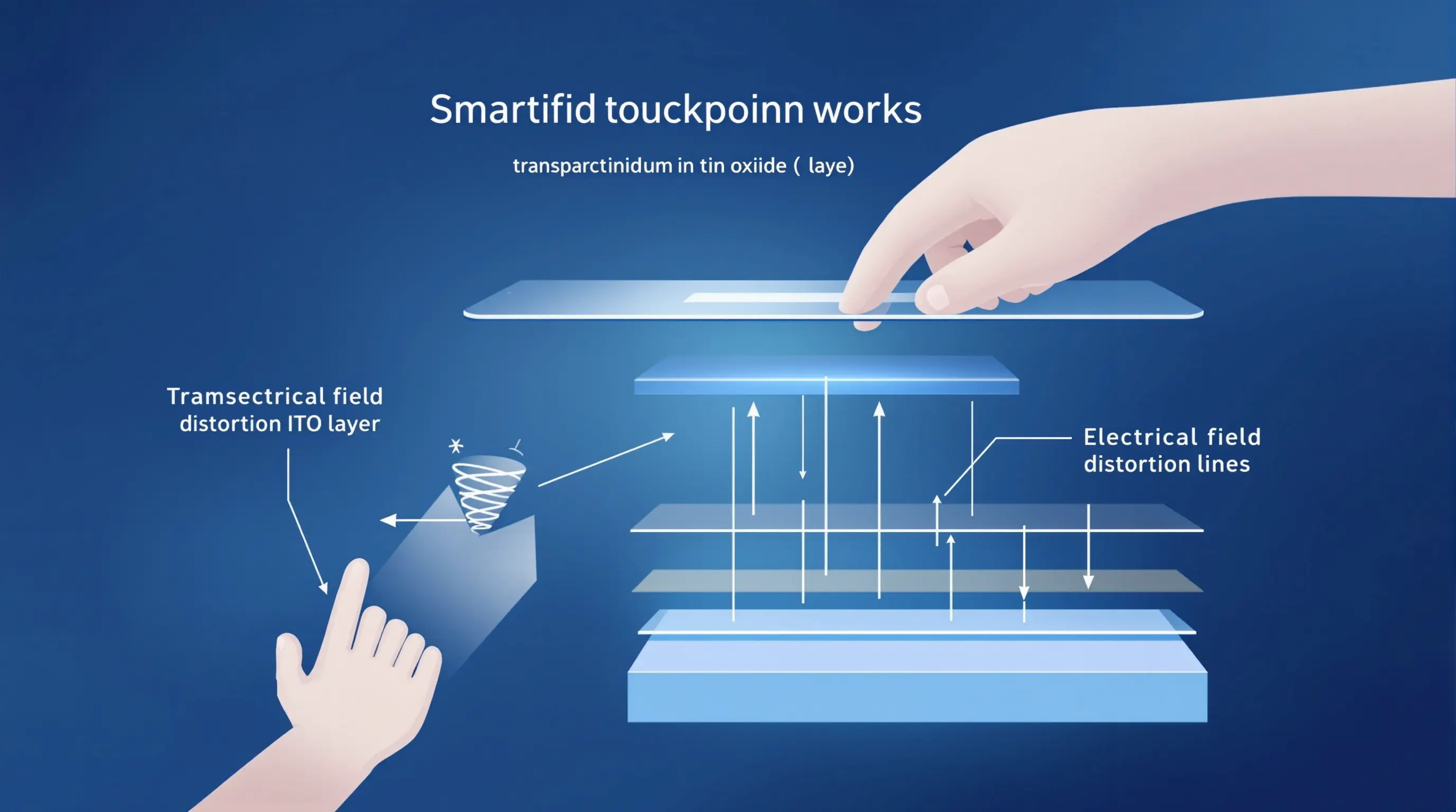 스마트폰 화면 구조와 ITO 전도막이 손가락 터치 신호를 감지하는 과정을 설명한 일러스트 이미지