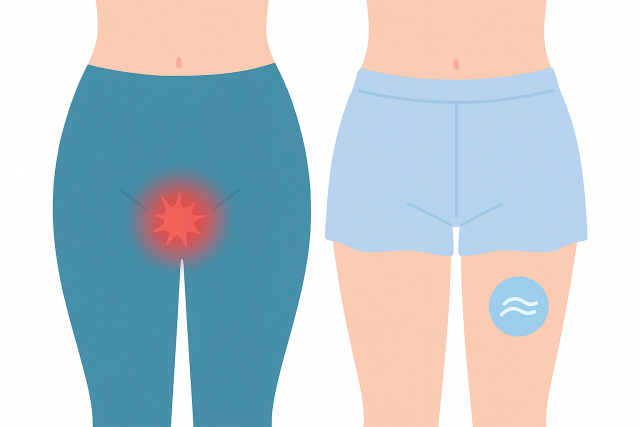 꽉 끼는 옷과 여유 있는 옷에 따라 여성소음순 주변 마찰과 불편이 달라지는 모습을 표현