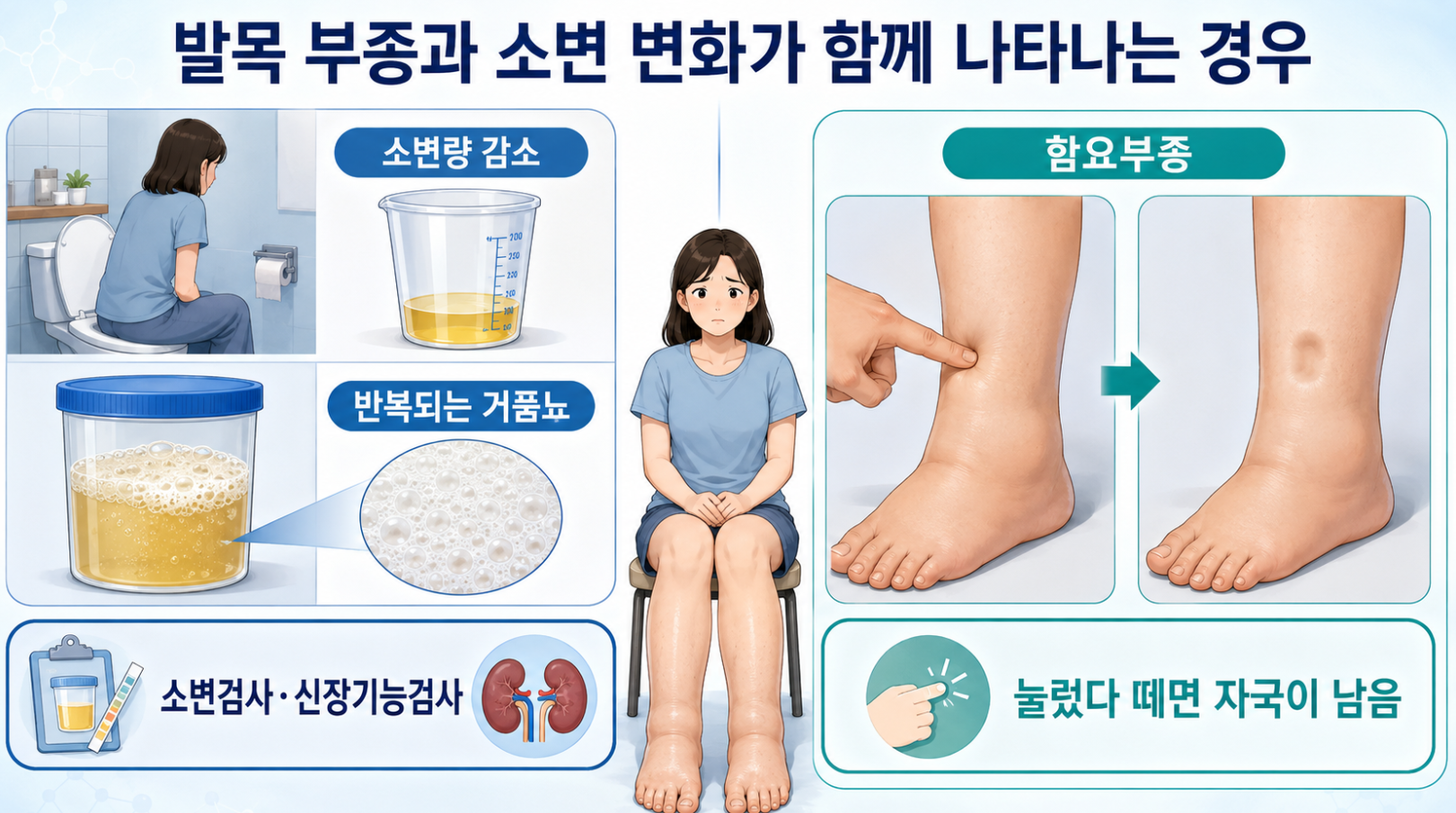 발목 부종과 소변량 감소&middot;거품뇨 및 눌렀다 떼면 자국이 남는 함요부종 설명