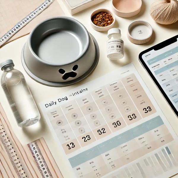 하얀 배경 위에 투명 계량 급수 그릇, 수분 체크 차트, 반려견 물병, 디지털 건강 노트가 정돈된 스튜디오컷 이미지 (텍스트 없음)