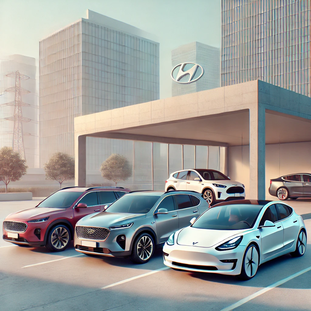 현대 아반떼·기아 쏘렌토·테슬라 모델3가 나란히 주차된 현실감 있는 렌탈장면