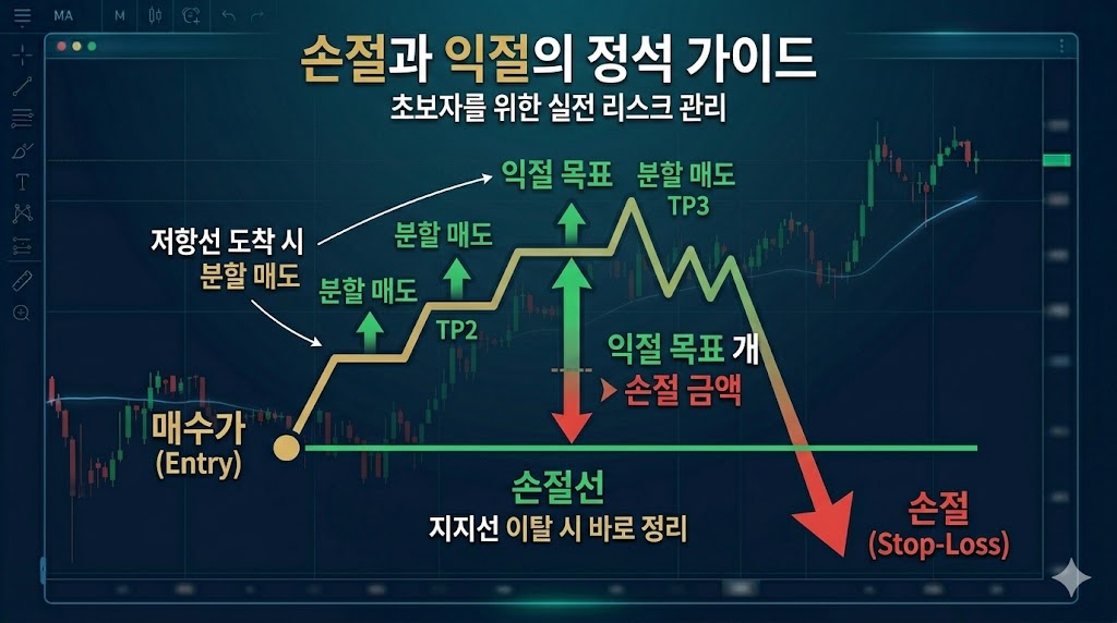 매수가를 기준으로 익절 목표가와 손절선을 설정하는 리스크 관리 도식. 저항선 도착 시 분할 매도 전략과 지지선 이탈 시 즉시 손절하는 원칙을 시각화하여 손익비 계산의 중요성을 강조함.