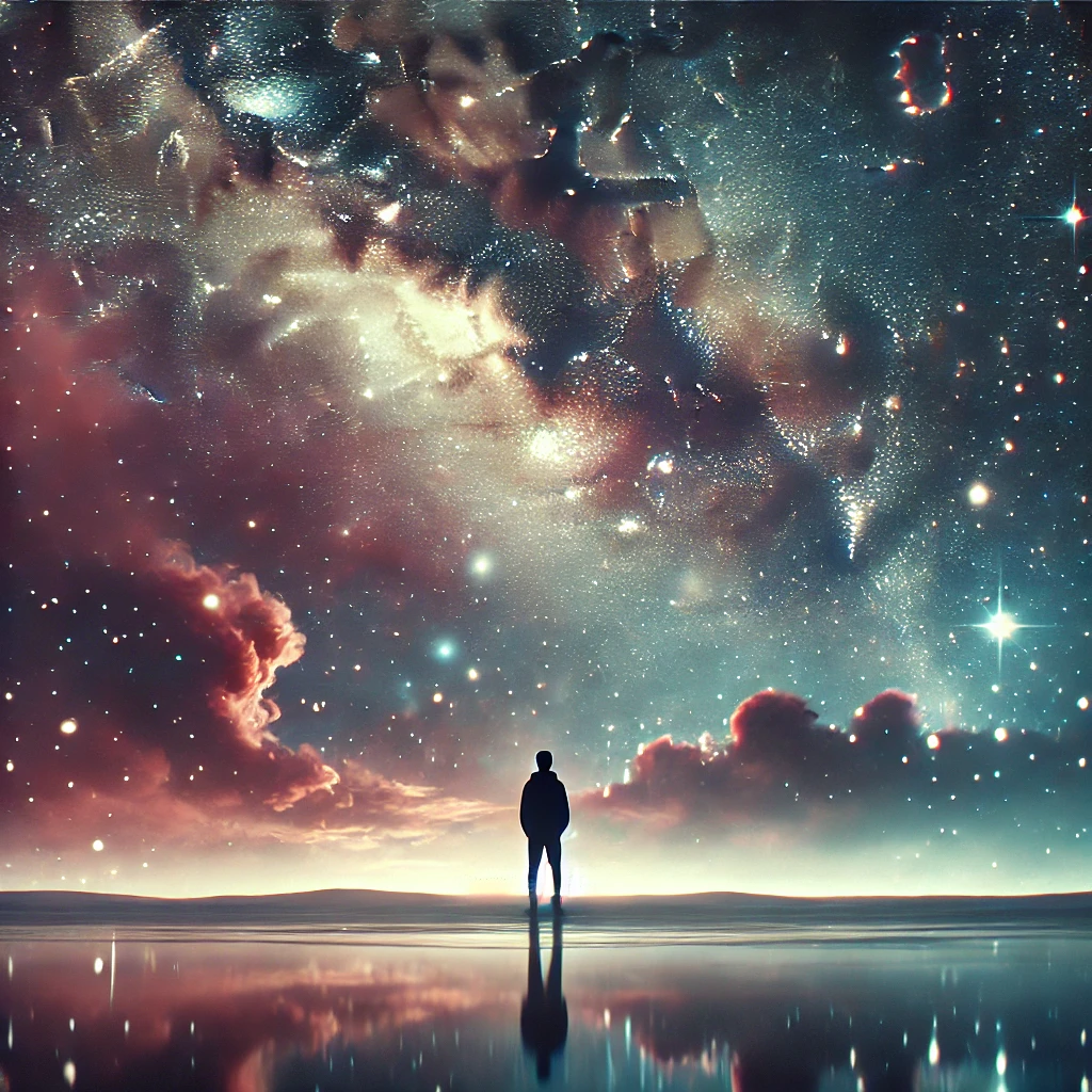 "밤하늘의 은하와 성운을 바라보며 경외감을 느끼는 한 사람의 실루엣"❘