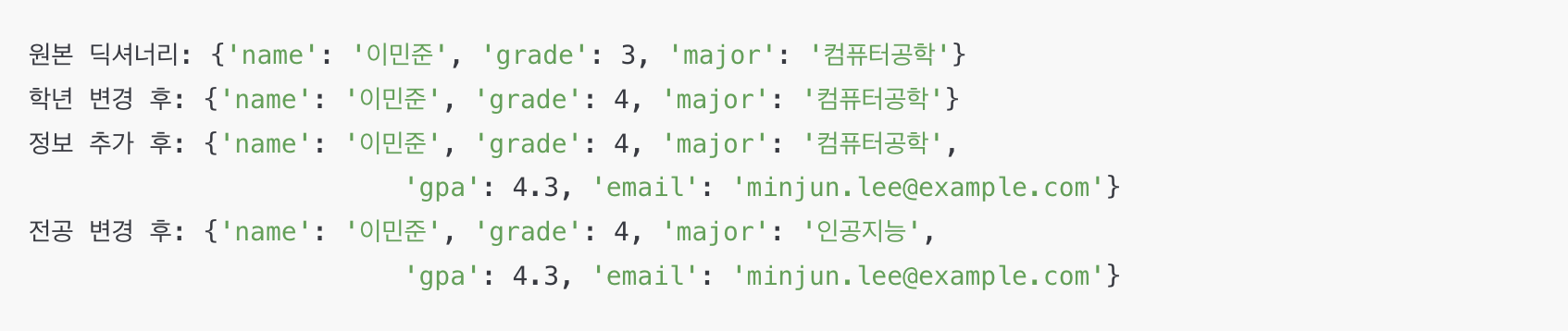 파이썬 딕셔너리 키로 값 변경 및 추가 예시