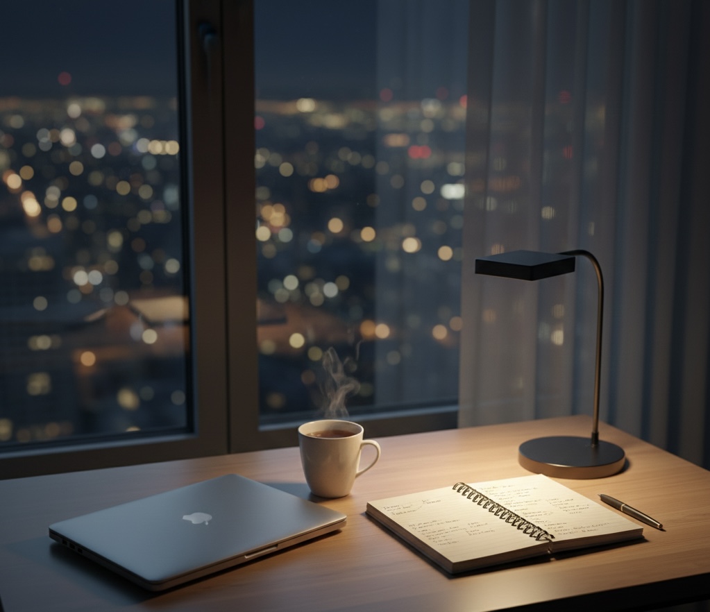 넷플릭스를 보지 않고 조용히 혼자 시간을 보내는 밤의 책상 풍경