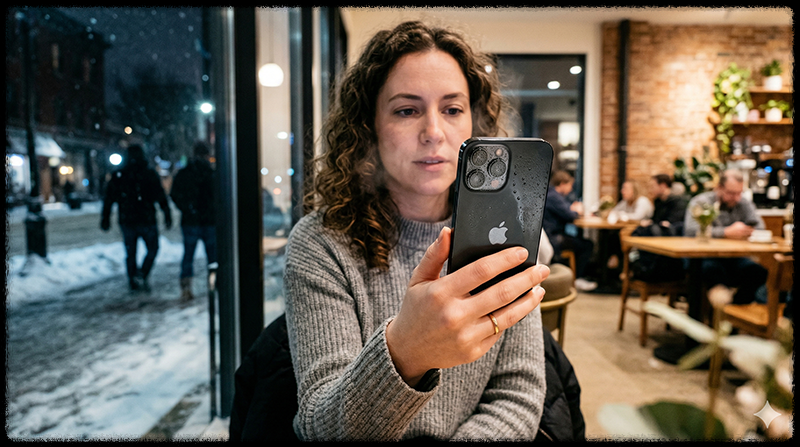 추운 외부에서 따뜻한 실내로 들어와 스마트폰 렌즈에 김 서림이 생긴 모습