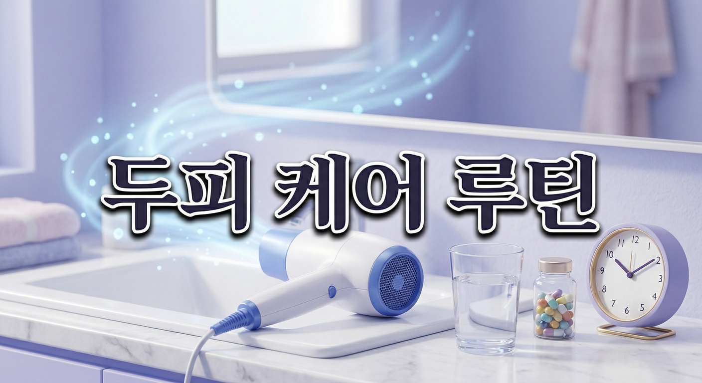 부드럽고 차가운 파란색 바람을 불어내는 헤어드라이어와 물 한 잔, 비타민 캡슐, 밤 10시를 가리키는 시계가 놓인 아늑한 욕실 세면대의 3D 일러스트 배경에, 짙은 그림자와 외곽선으로 선명하게 강조된 '두피 케어 루틴'이라는 한글 문구가 중앙에 적힌 이미지