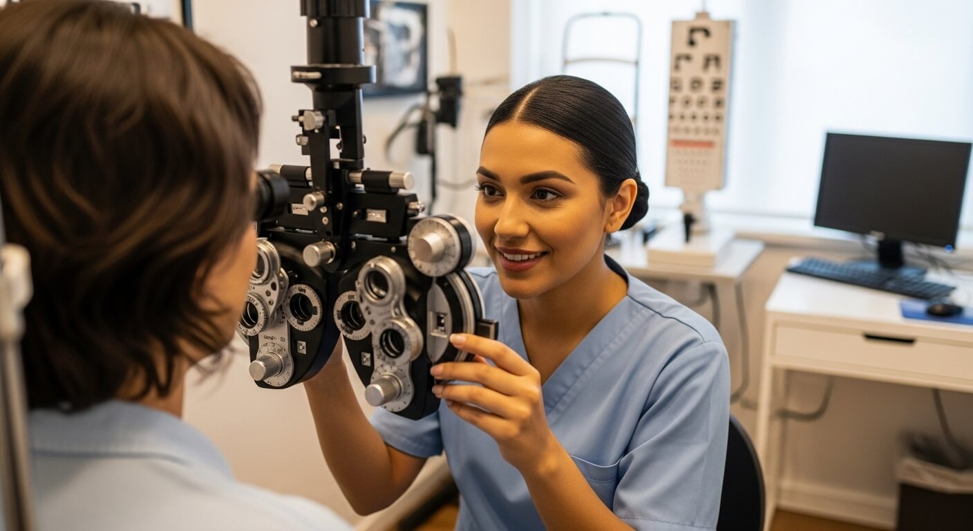안과에서 시력검사를 진행하는 간호사와 검사받는 사람