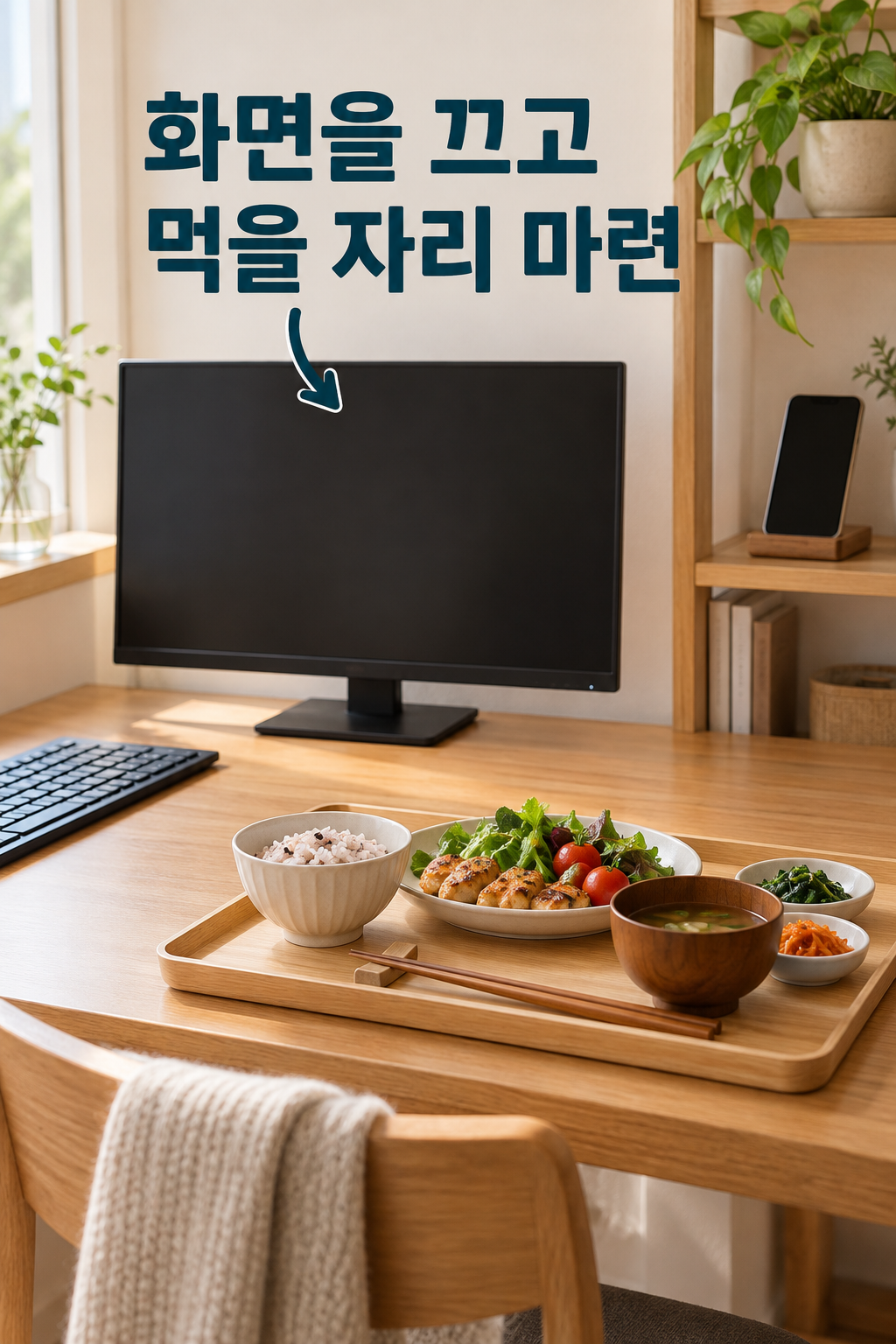화면을 끄고 키보드를 옆으로 옮겨 쟁반 놓을 자리를 마련한 책상