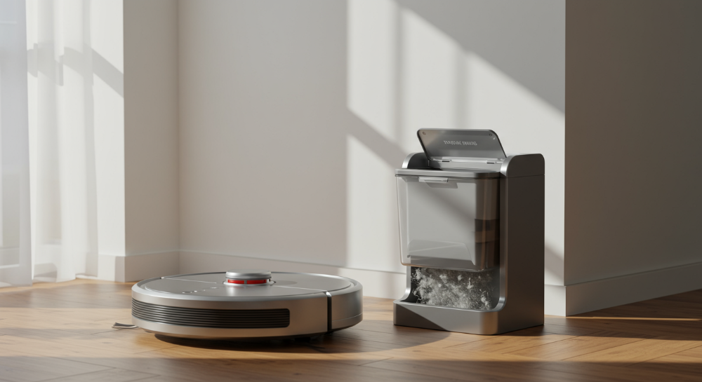 첨단 로봇청소기와 먼지 자동비움 스테이션이 미니멀한 거실에서 작동하며, 사용자에게 편리하고 위생적인 청소 경험을 제공하는 모습을 담은 이미지.