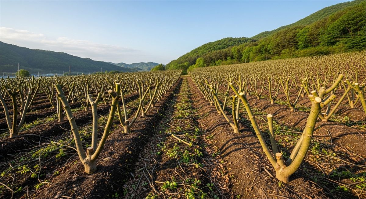 수확 후 가지 정리가 끝난 두릅 재배지 전경
