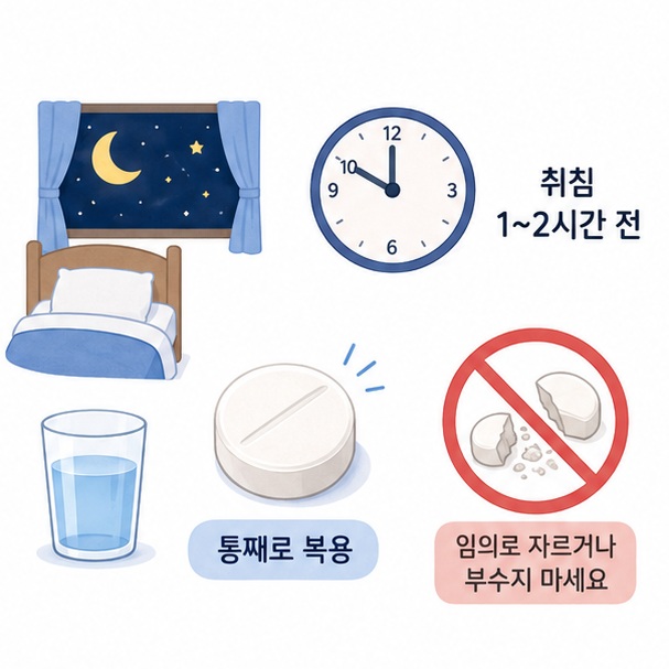 취침 1~2시간 전 멜라토닌 서방정을 복용하는 시간을 보여주는 시계와 알약