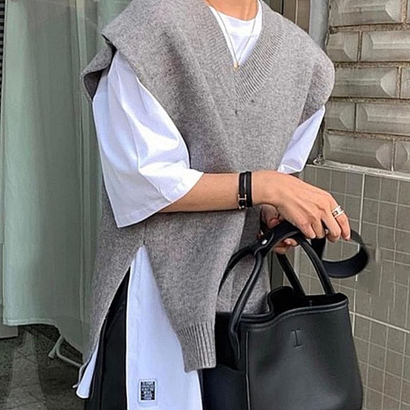 옆트임 울 박시 니트 조끼 오버핏 회색 레이어드 브이넥 베스트 봄 간절기 059