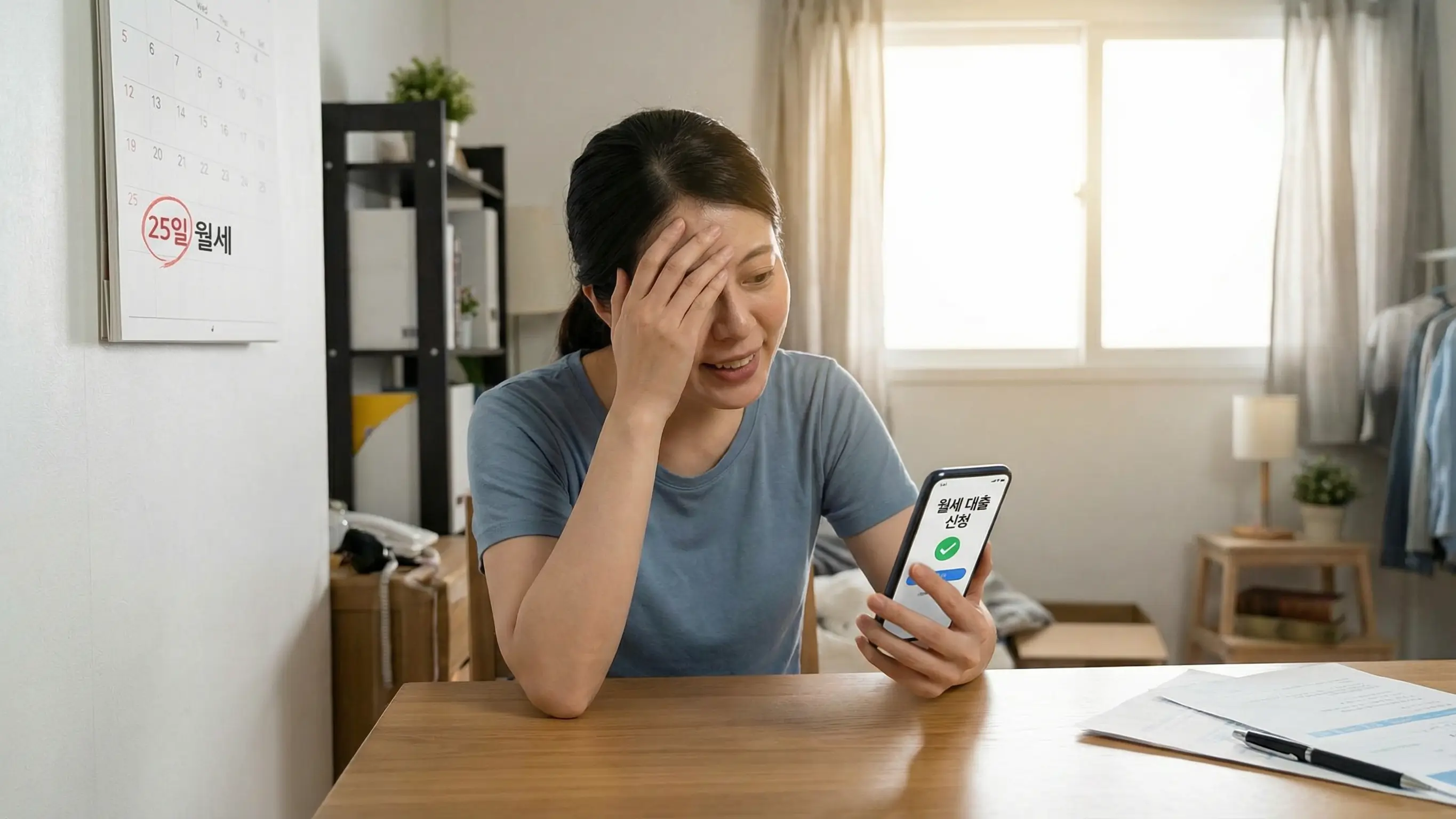달력에 표시된 월세 납부일을 보며 고민하다가 스마트폰 앱으로 해결책을 찾고 안도하는 사람의 모습