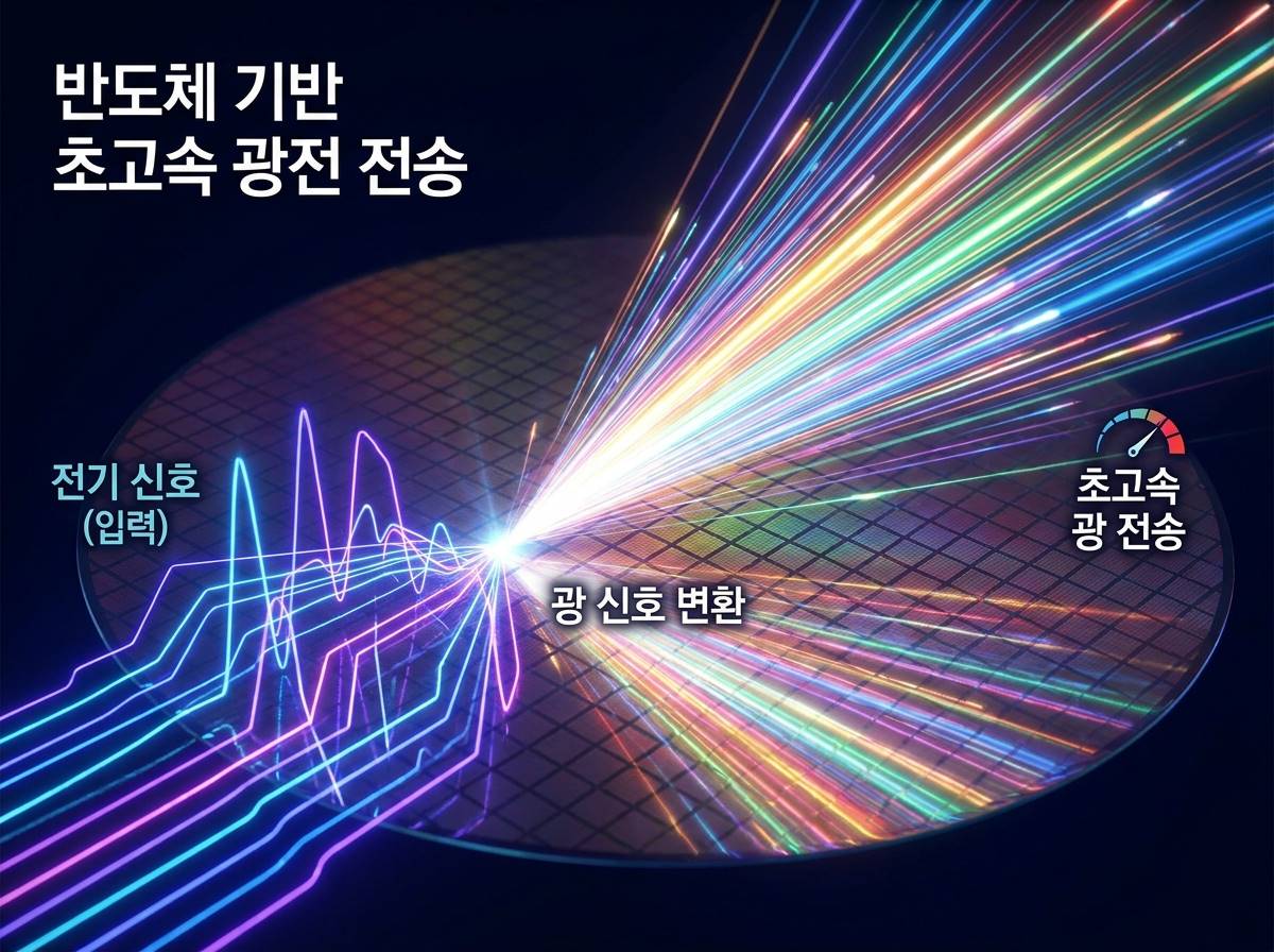 반도체 기판 위에서 전기 신호가 눈부신 빛의 줄기로 변하며 초고속으로 전송되는 추상적인 인포그래픽 이미지
