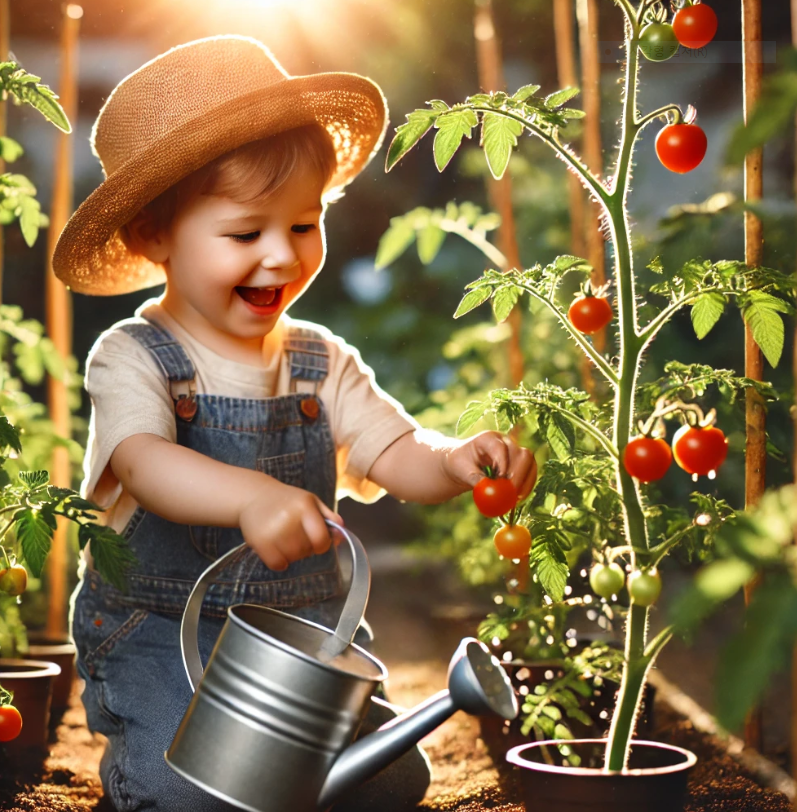 아이와 방울토마토 키우는 이미지