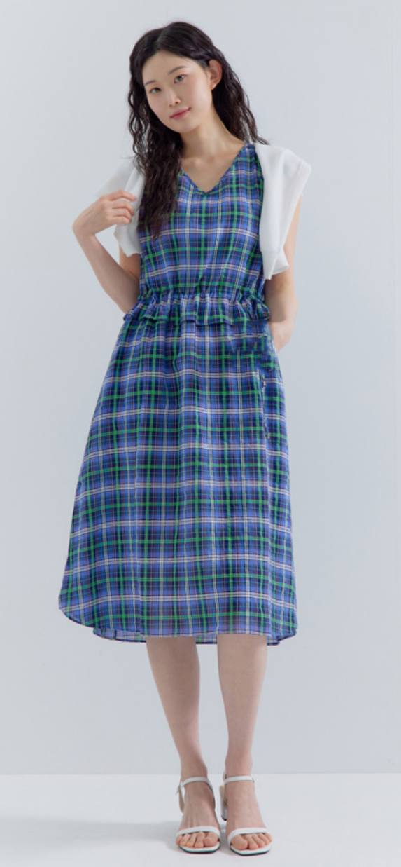 여성 체크린넨코튼 슬리브리스 원피스