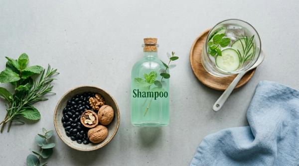 'Shampoo'가 적힌 쿨링 샴푸 병을 중심으로 검은콩, 호두, 허브, 오이물이 담긴 컵이 놓여 있는 건강한 두피 관리 컨셉의 플랫 레이 사진