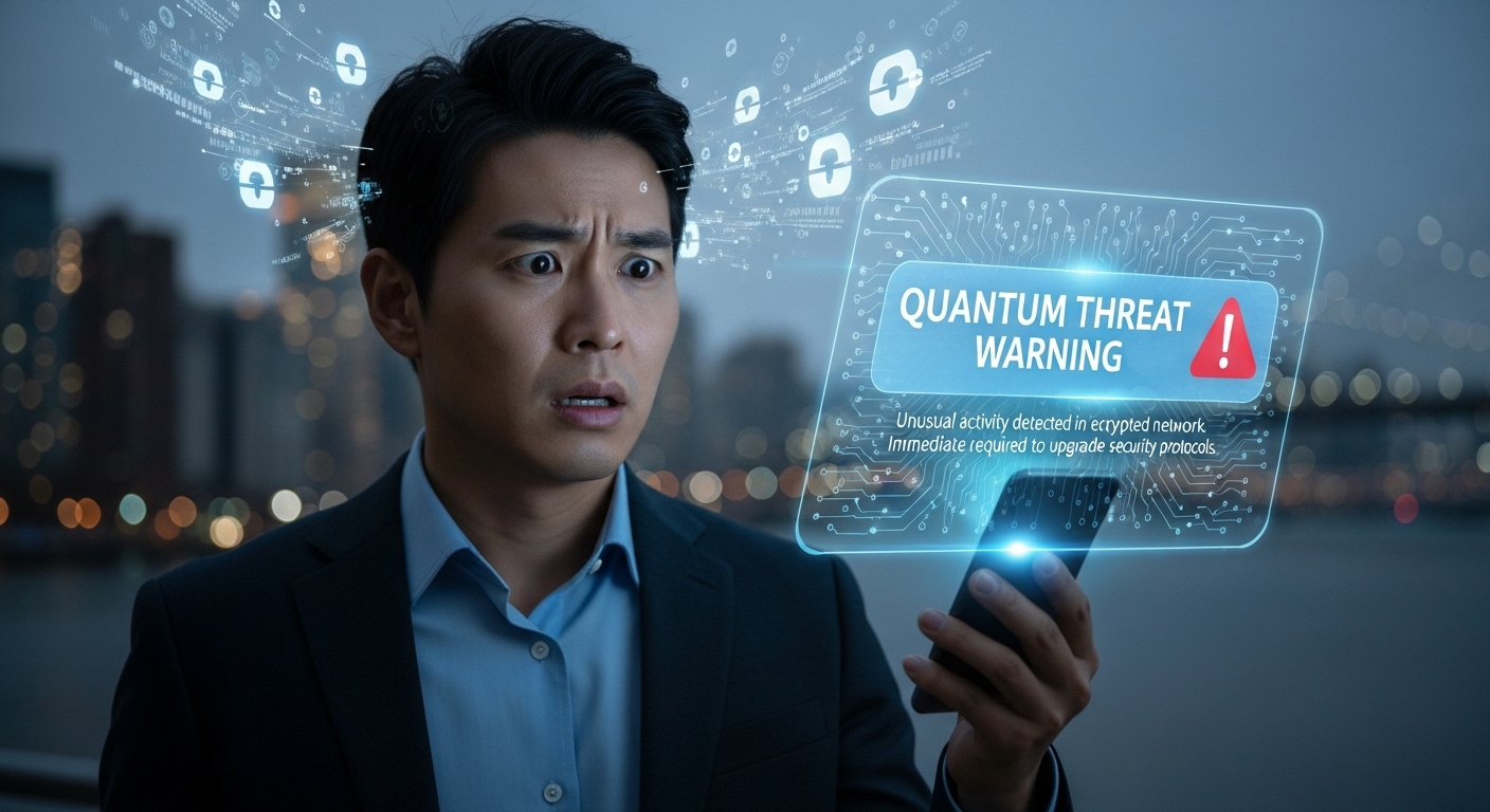 checking a smartphone with a holographic interface displaying a Quantum Threat Warning