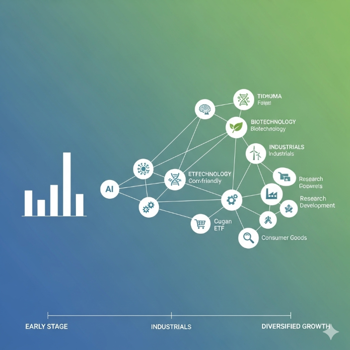 단순한 막대 그래프에서 시작해, 복잡한 네트워크와 다양한 아이콘(AI, 바이오, 친환경 등)으로 진화하는 ETF 투자 포트폴리오의 개념을 시각적으로 표현한 그래픽.