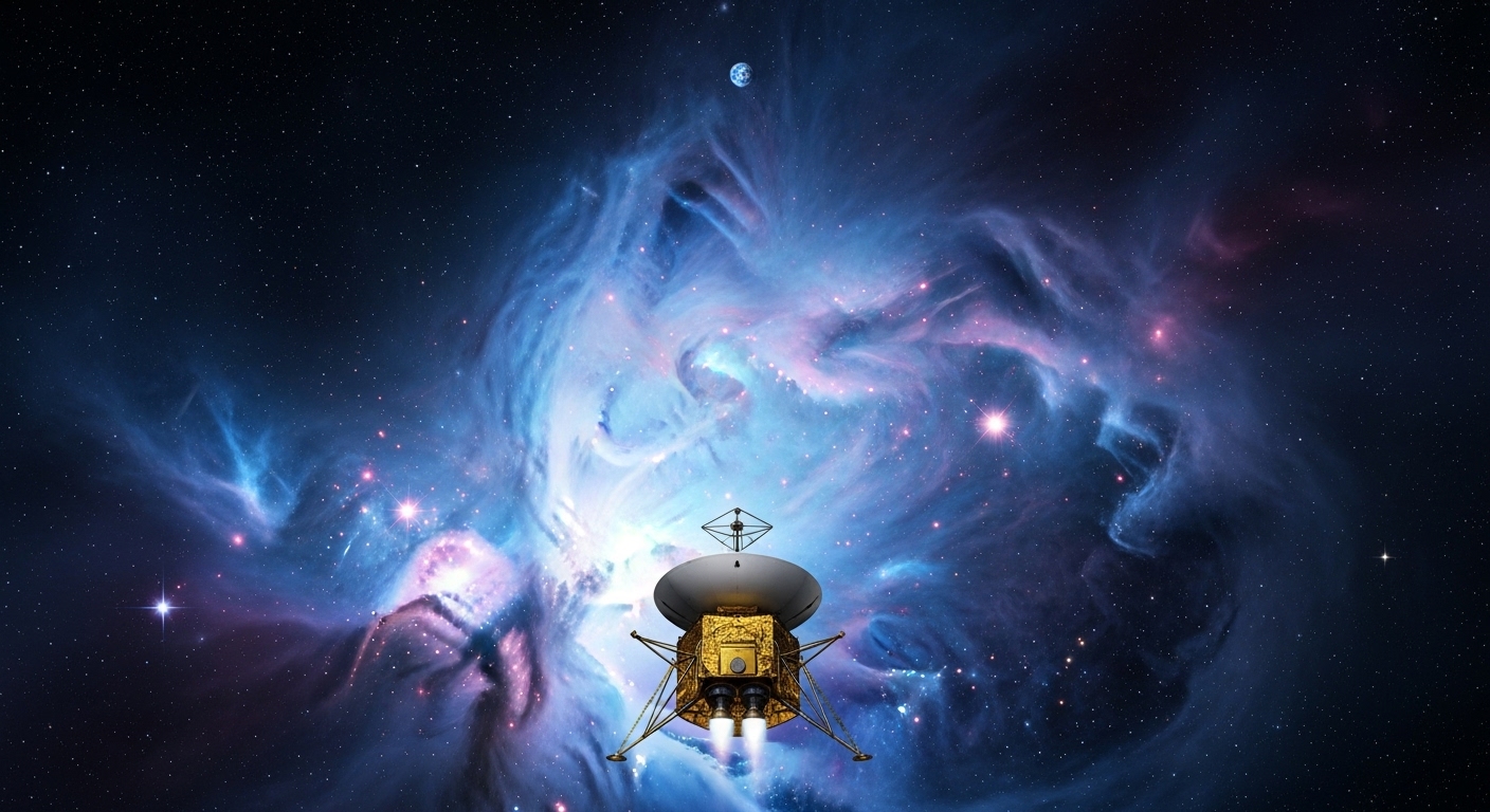 Digital art of the Spacecraft, viewed from behind, heading towards a swirling nebula of unknown space.