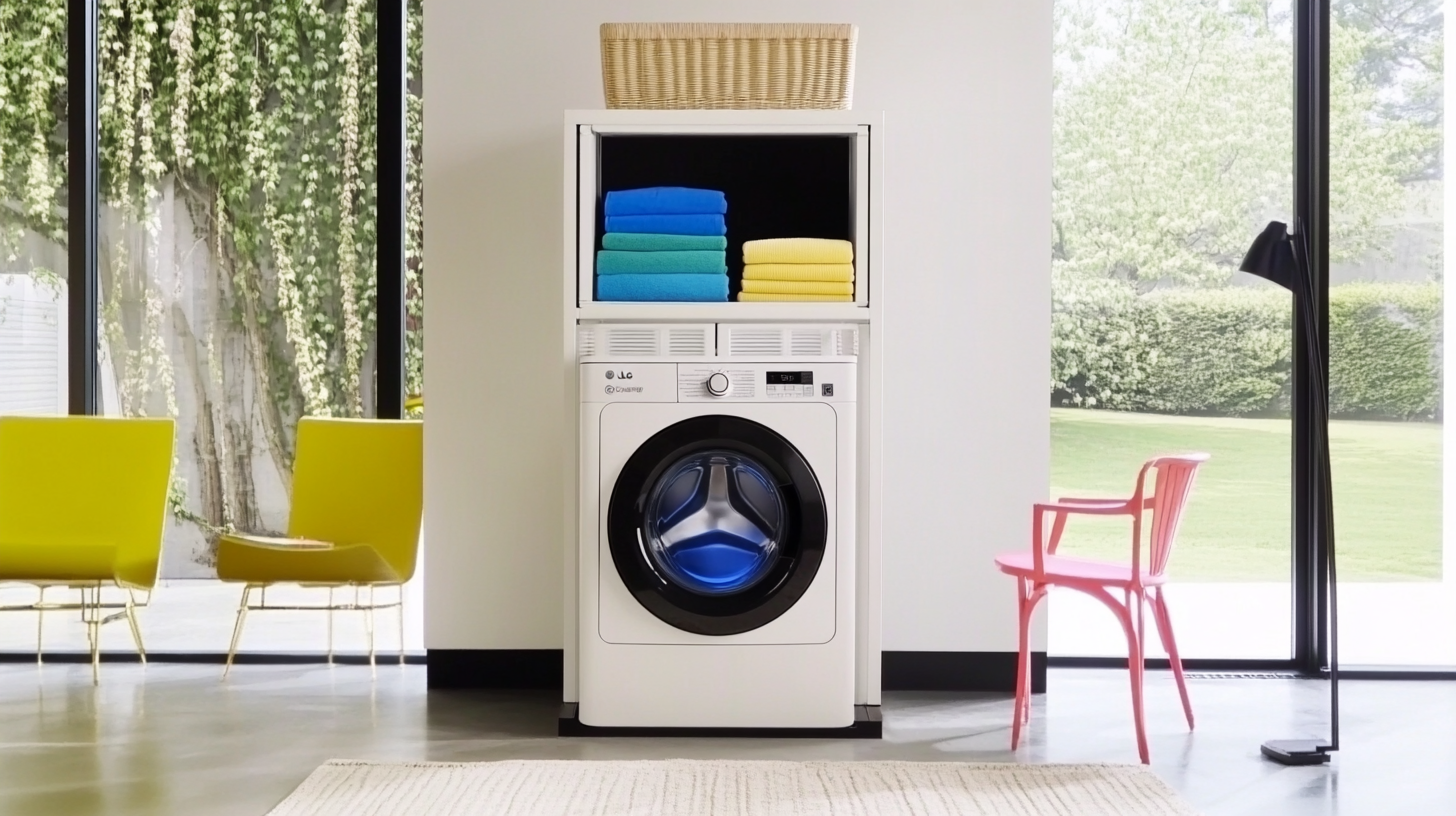 LG 오브제컬렉션 워시타워가 설치된 미래적인 세탁실 내부, 공간 효율적인 통합 디자인과 세련됨을 강조한 모습입니다.