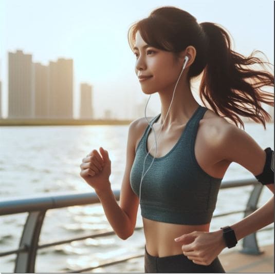 강변에서 달리기 운동하는 젊은 여성, 시트룰린 요소 순환 효과