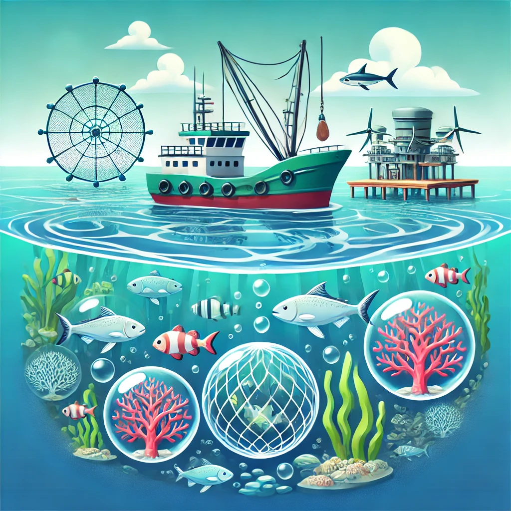 이 이미지는 정부 지원을 통한 지속 가능한 어업 정책을 시각적으로 표현합니다. 친환경 장비를 장착한 어선, 인공 어초와 보호 구역이 어우러져 있으며, 깨끗한 바다와 다양한 어종이 함께하는 모습은 어족 자원 보호와 생태 복원을 상징합니다. 이러한 정책이 해양 환경 보호와 자원 회복에 미치는 긍정적인 효과를 나타내고 있습니다.
